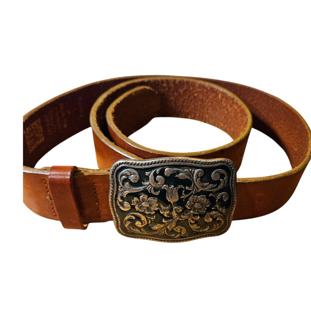 Vintage Gap Leather Brown Belt Silver Green Enamel Buckle Italy L